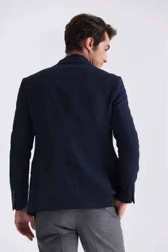 Navy Blue Slim Fit Peak Lapel Double Vent Casual Blazer - 4