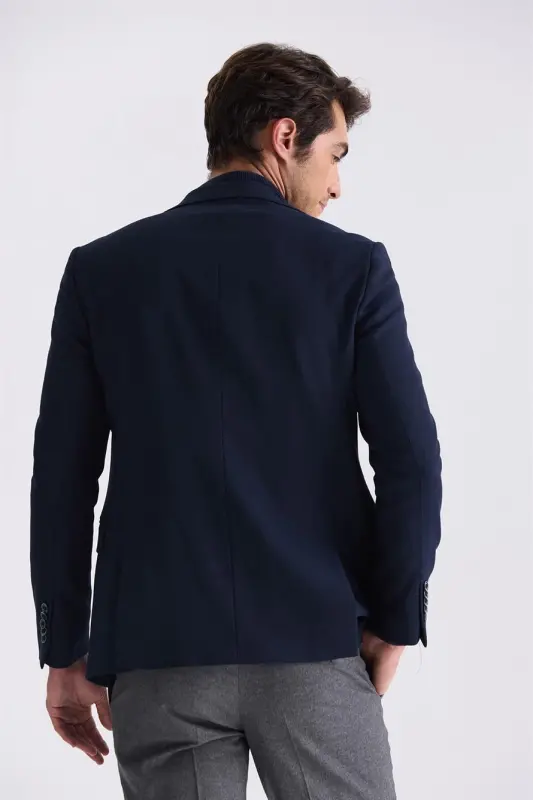 Navy Blue Slim Fit Peak Lapel Double Vent Casual Blazer - 4