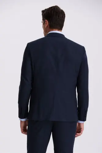 Navy Blue Slim Fit Peak Lapel Double Vent Woolen Double Breasted Suit - 3