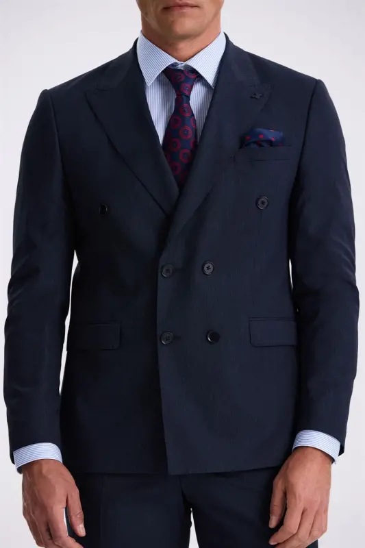 Navy Blue Slim Fit Peak Lapel Double Vent Woolen Double Breasted Suit - 4