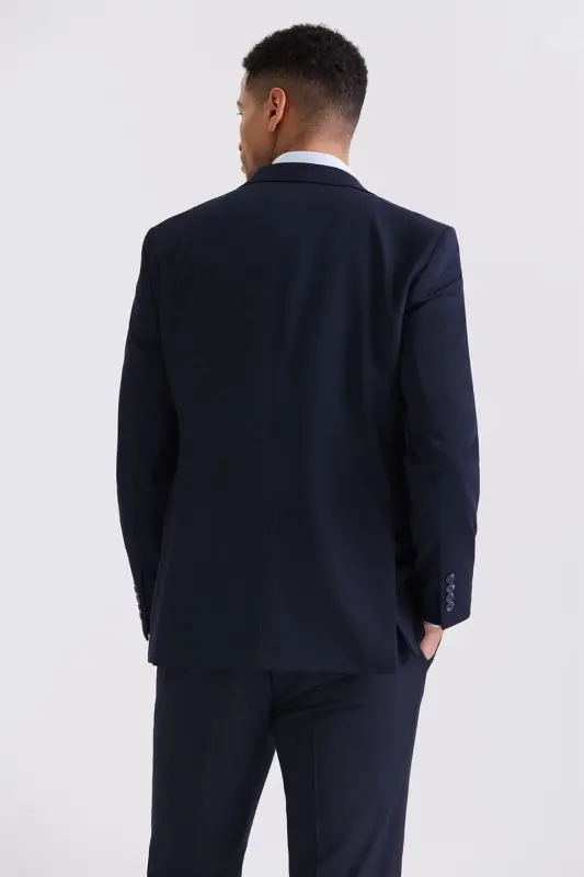 Navy Blue Slim Fit Peak Lapel Vested Bamboo Suit - 4