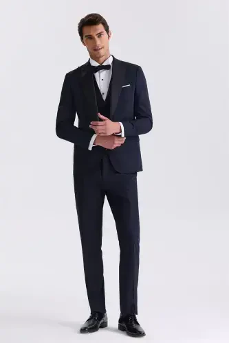 Navy Blue Slim Fit Peak Lapel Waistcoat Tuxedo Suit - Modazone (1)
