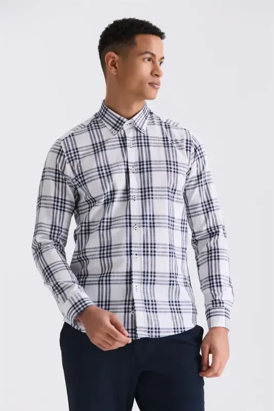 Navy Blue Slim Fit Plaid 100% Cotton Shirt - 1