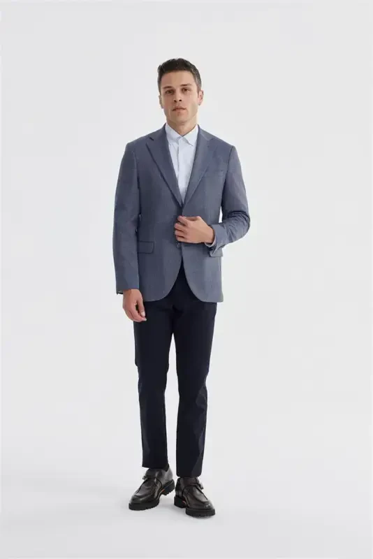 Navy Blue Slim Fit Plaid Double-Breasted Jacket - Modazone