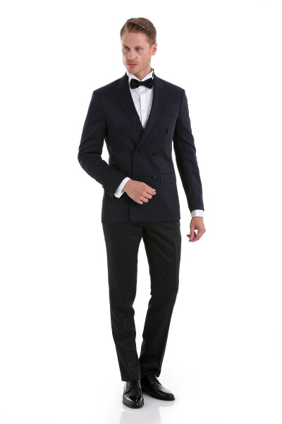 Navy Blue Slim Fit Plain Pointed Collar Classic Double-Breasted Tuxedo Suit 