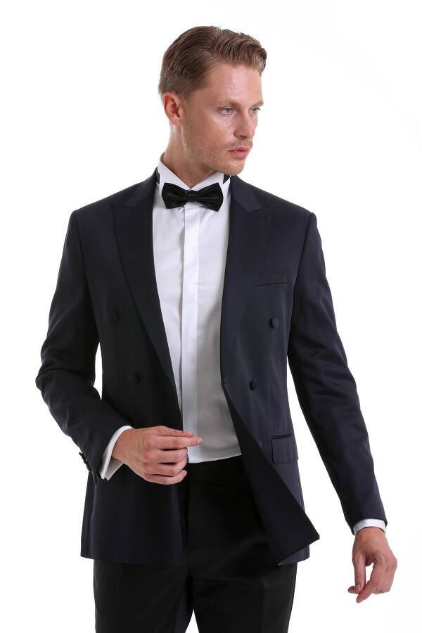 Navy Blue Slim Fit Plain Pointed Collar Classic Double-Breasted Tuxedo Suit - 7