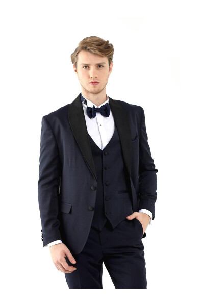 Navy Blue Slim Fit Plain Pointed Collar Tuxedo Suit - 2