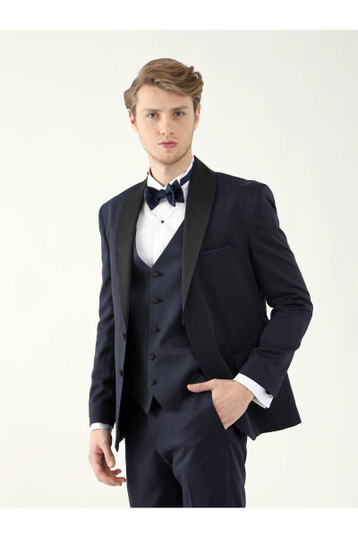 Navy Blue Slim Fit Plain Pointed Collar Tuxedo Suit - 3