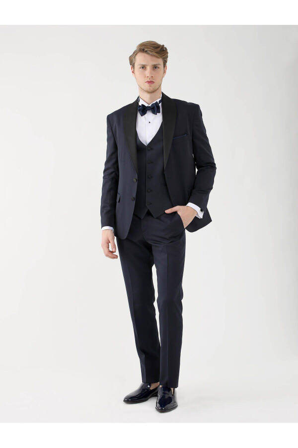 Navy Blue Slim Fit Plain Pointed Collar Tuxedo Suit - 4