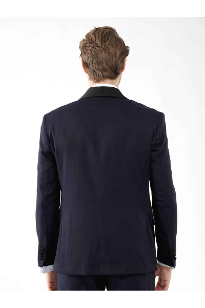 Navy Blue Slim Fit Plain Pointed Collar Tuxedo Suit - 5