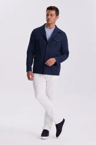 Navy Blue Slim Fit Pocketed Linen Cotton Seasonal Safari Jacket - 1
