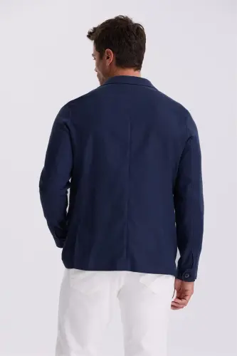 Navy Blue Slim Fit Pocketed Linen Cotton Seasonal Safari Jacket - 4