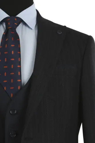 Navy Blue Slim Fit Pointed Collar Striped Combined Vest Suit - 2