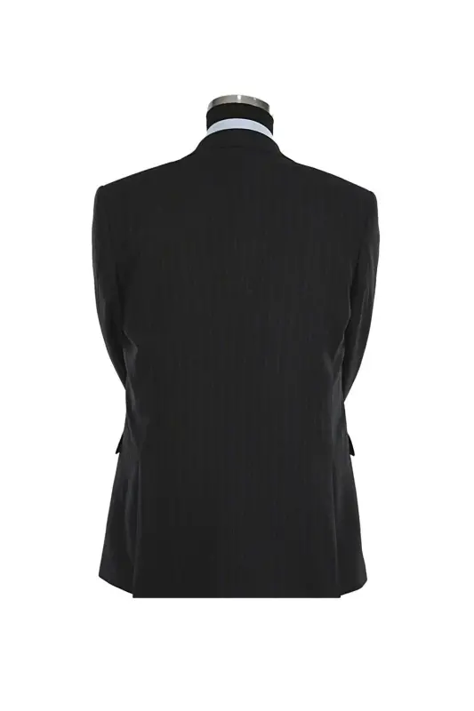 Navy Blue Slim Fit Pointed Collar Striped Combined Vest Suit - 3