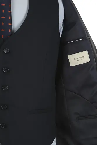 Navy Blue Slim Fit Pointed Collar Striped Combined Vest Suit - 4