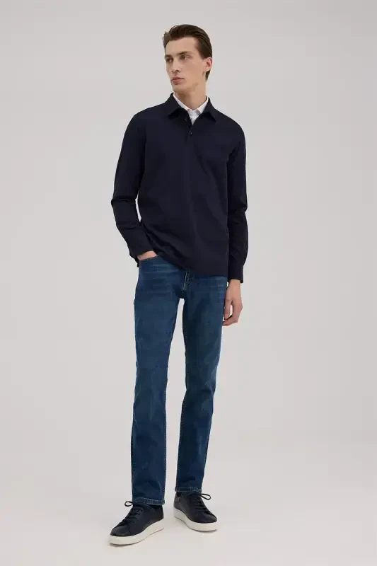 Navy Blue Slim Fit Polo Neck Sweatshirt - JAKAMEN