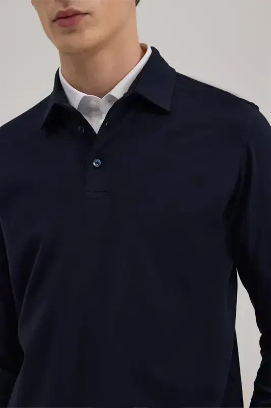 Navy Blue Slim Fit Polo Neck Sweatshirt - 3