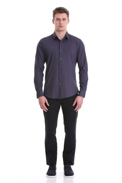 Navy Blue Slim Fit Printed 100% Cotton Slim Collar T-Shirt - HATEMOĞLU (1)