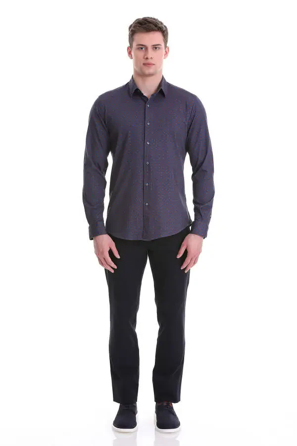 Navy Blue Slim Fit Printed 100% Cotton Slim Collar T-Shirt - 2