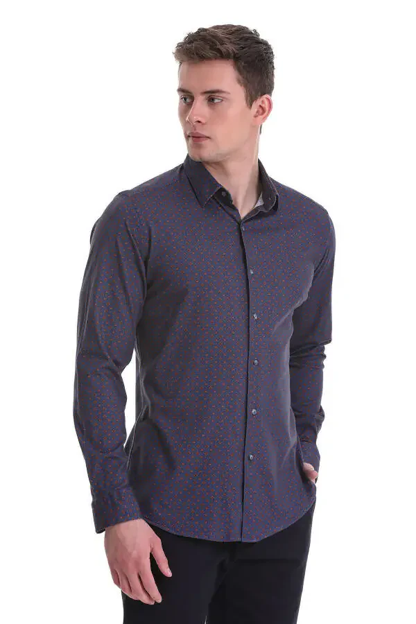 Navy Blue Slim Fit Printed 100% Cotton Slim Collar T-Shirt - 3