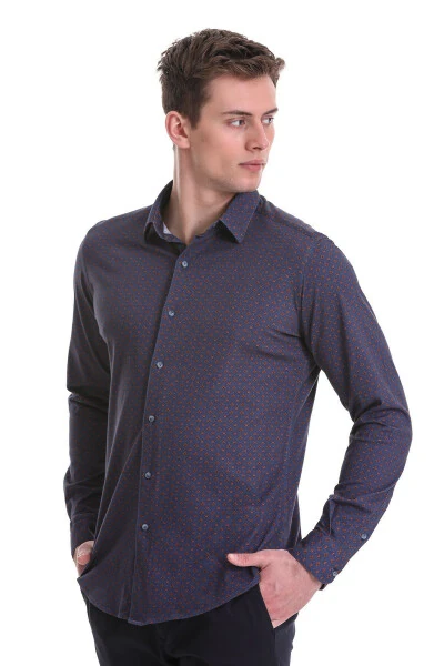 Navy Blue Slim Fit Printed 100% Cotton Slim Collar T-Shirt - 4