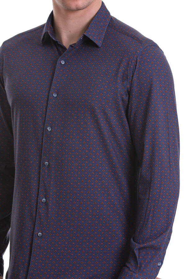 Navy Blue Slim Fit Printed 100% Cotton Slim Collar T-Shirt - 5