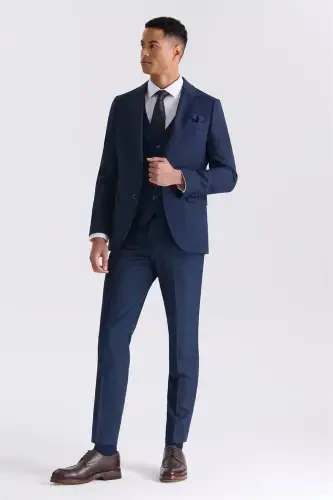 Navy Blue Slim Fit Single Breasted Waistcoat Suit - 1