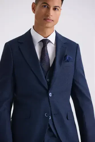 Navy Blue Slim Fit Single Breasted Waistcoat Suit - 3