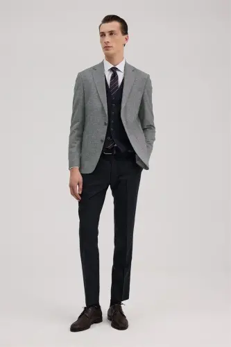 Navy Blue Slim Fit Single Collar Vest Linen Blend Suit - 1