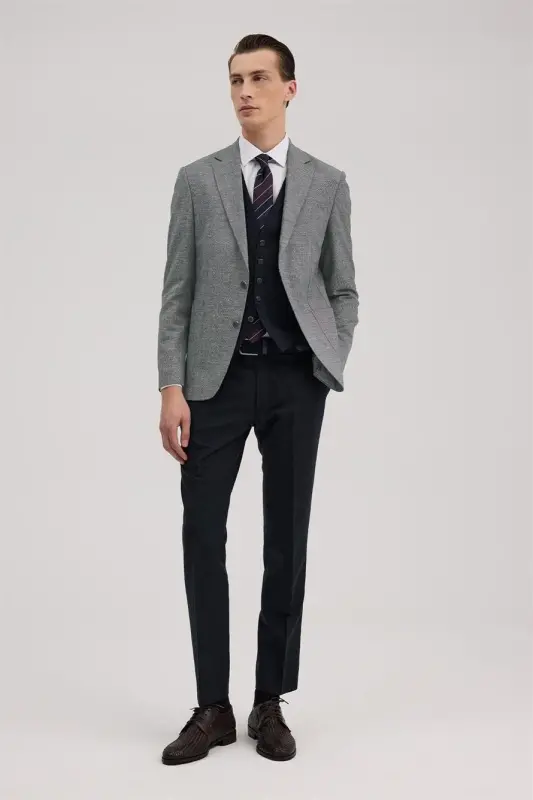 Navy Blue Slim Fit Single Collar Vest Linen Blend Suit - JAKAMEN