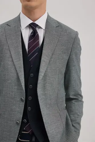 Navy Blue Slim Fit Single Collar Vest Linen Blend Suit - 3