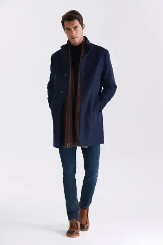 Navy Blue Slim Fit Stand Collar Herringbone Wool Sports Jacket - JAKAMEN (1)