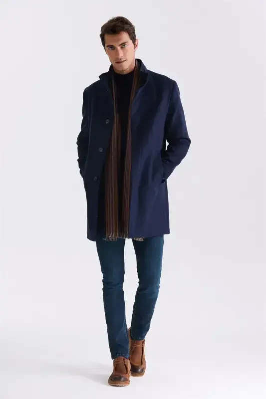 Navy Blue Slim Fit Stand Collar Herringbone Wool Sports Jacket - 2