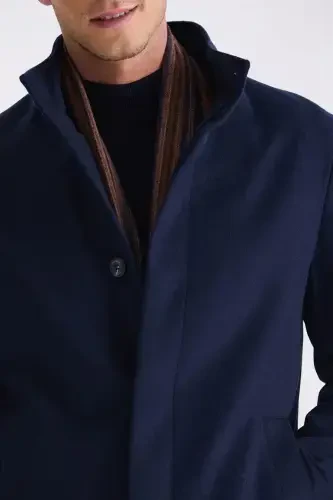 Navy Blue Slim Fit Stand Collar Herringbone Wool Sports Jacket - 3