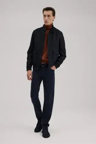 Navy Blue Slim Fit Stand Collar Pocketed Jacket Look Coat 