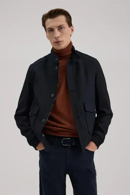Navy Blue Slim Fit Stand Collar Pocketed Jacket Look Coat - 2
