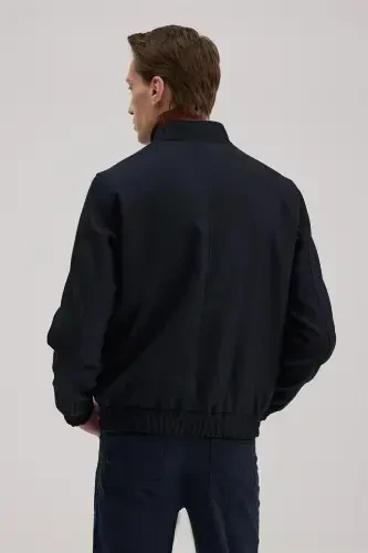 Navy Blue Slim Fit Stand Collar Pocketed Jacket Look Coat - 4