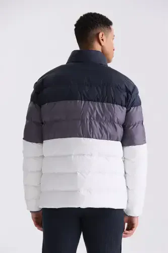 Navy Blue Slim Fit Stand-Up Collar Winter Puffer Jacket - 4