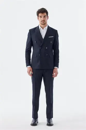 Navy Blue Slim Fit Striped Crossover Suit - 1