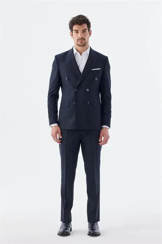 Navy Blue Slim Fit Striped Crossover Suit - 1
