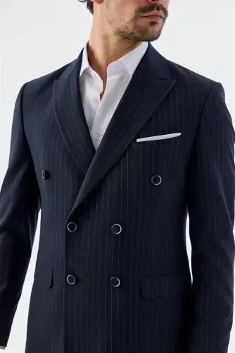 Navy Blue Slim Fit Striped Crossover Suit - 3