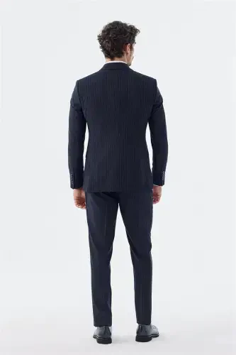 Navy Blue Slim Fit Striped Crossover Suit - 4