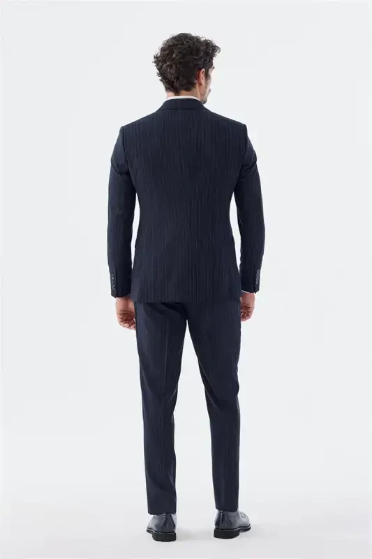 Navy Blue Slim Fit Striped Crossover Suit - 4