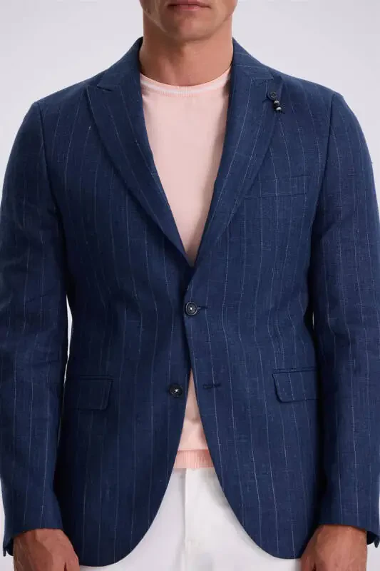 Navy Blue Slim Fit Swallow Collar Striped Linen Cotton Seasonal Jacket - 3