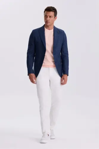 Navy Blue Slim Fit Swallow Collar Striped Linen Cotton Seasonal Jacket 