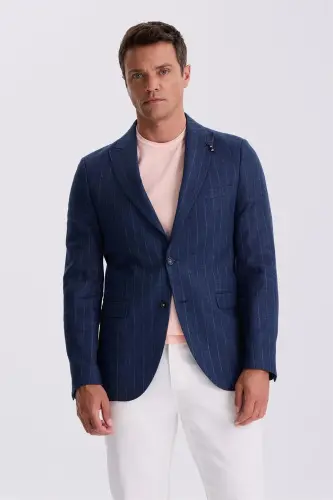Navy Blue Slim Fit Swallow Collar Striped Linen Cotton Seasonal Jacket - JAKAMEN (1)