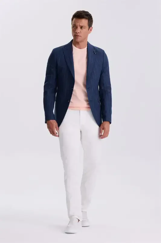 Navy Blue Slim Fit Swallow Collar Striped Linen Cotton Seasonal Jacket - Modazone