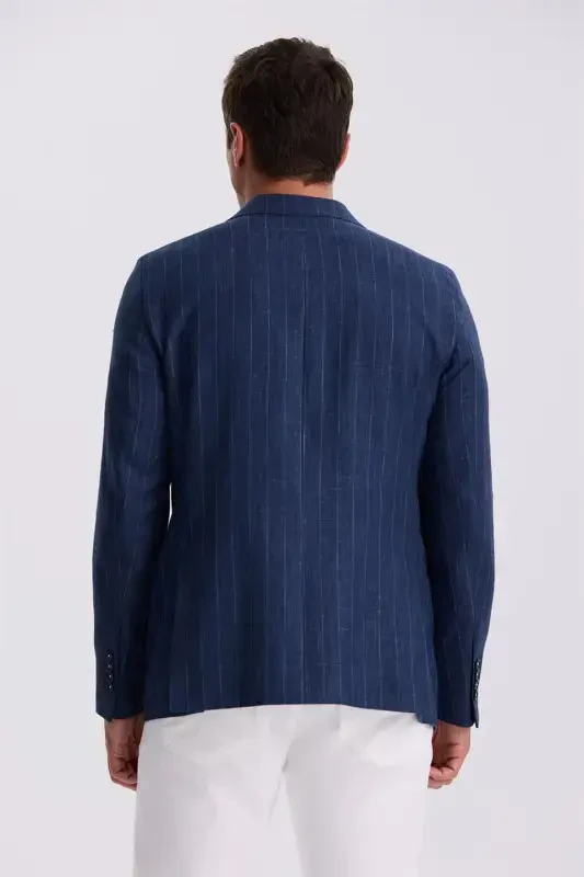 Navy Blue Slim Fit Swallow Collar Striped Linen Cotton Seasonal Jacket - 4