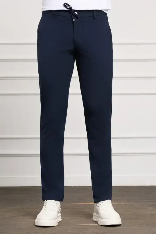 Navy Blue Slim Fit Tapered Side Pocket Drawstring Jogger Men's Pants - MORVEN