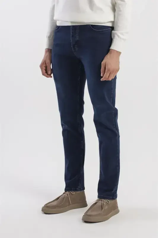 Navy Blue Slim Fit Washed Cotton Denim Jeans - 3